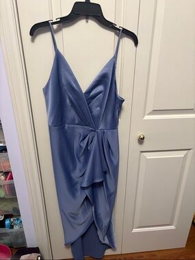 Ever new Dusty Blue Satin Midi Slip Dress with Draped Front